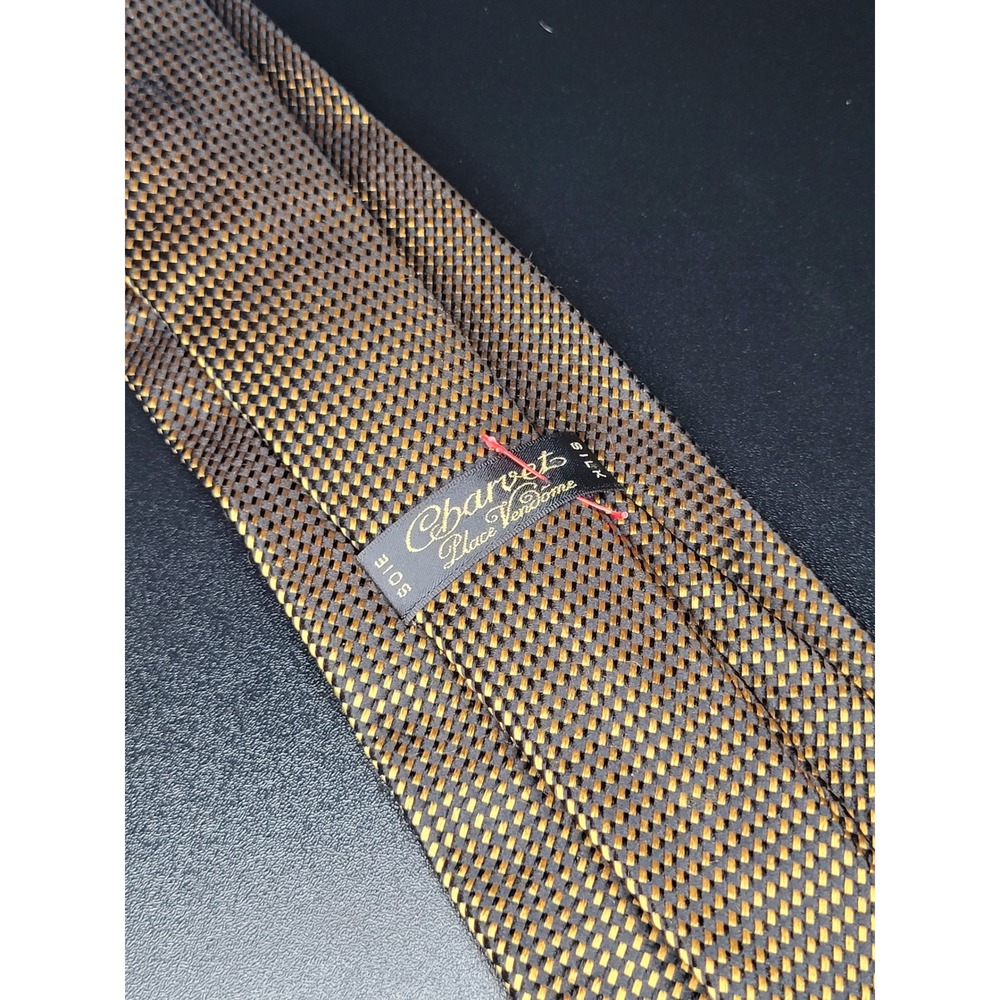 Charvet Place Vendome Mens Silk Tie Brown Gold Micro Check Made in France